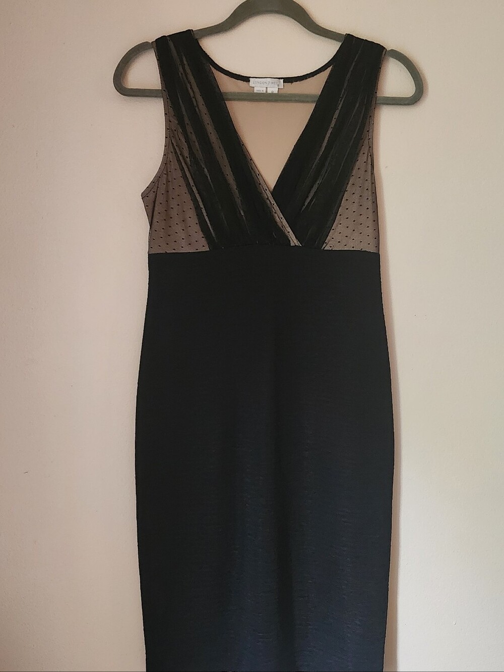 London Times Black Sheath Midi Dress with Sheer Dotted V-Neck